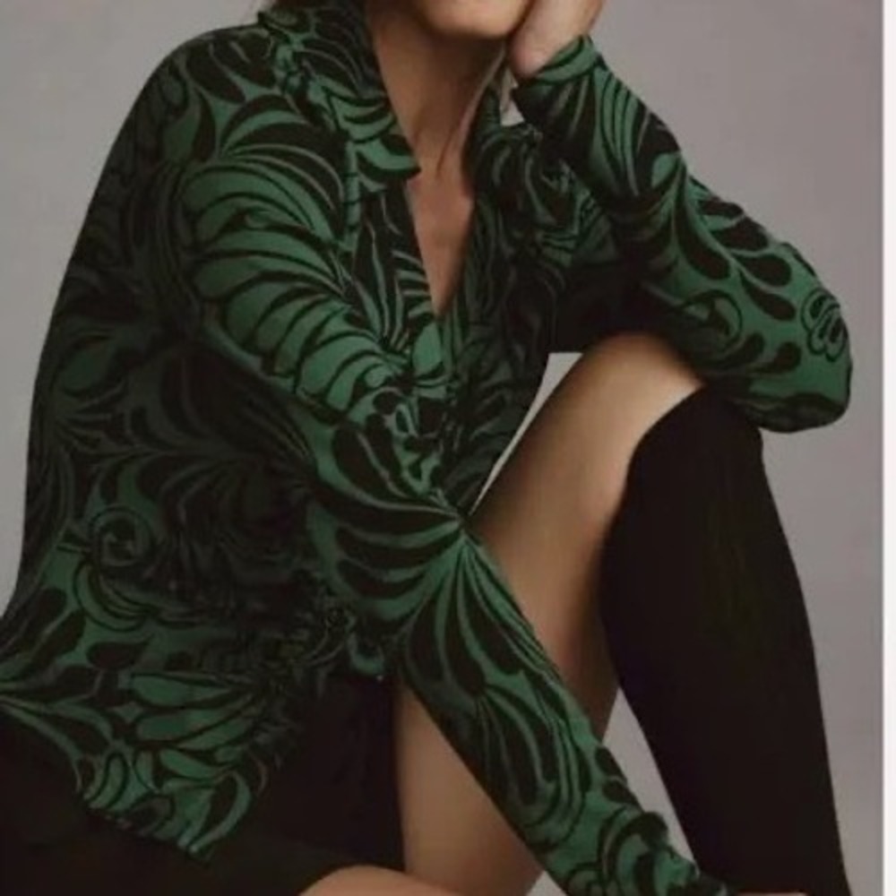 Maeve Green and Black Swirl Print Long-Sleeve Blouse